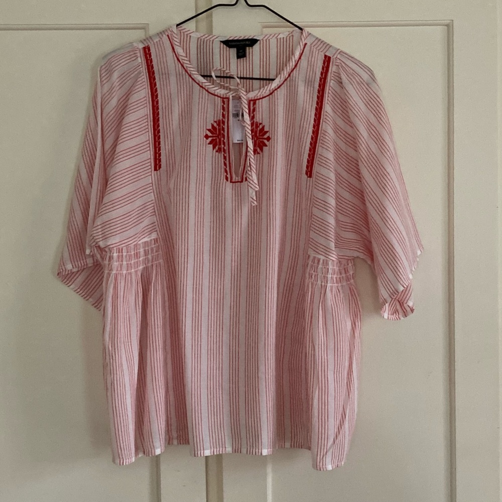 NWT Banana Republic Embroidered Peasant Blouse, Red/White